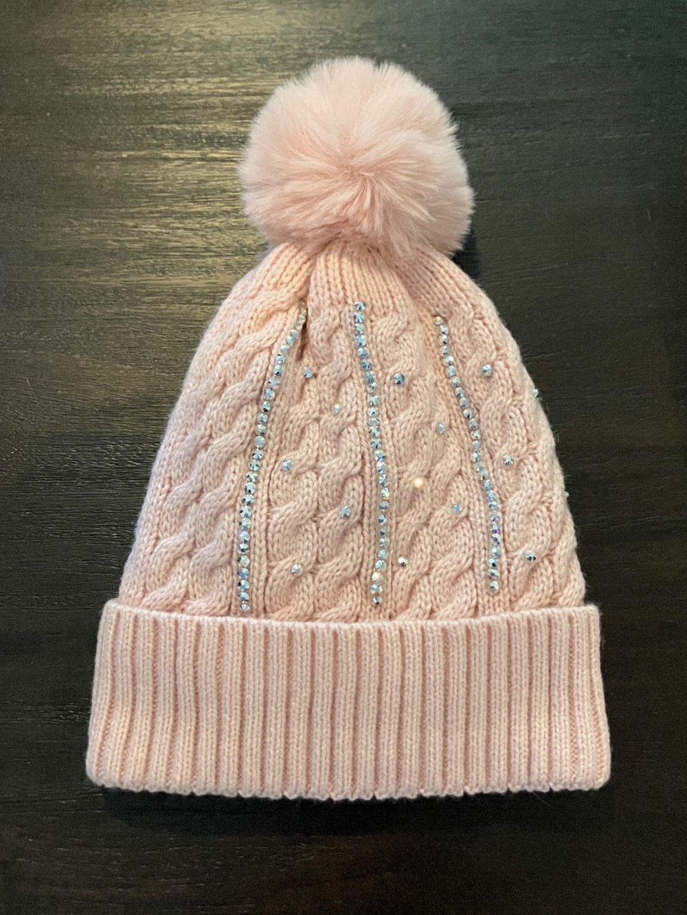 Cable Knit Pom Beanie with Rhinestones - NWOT